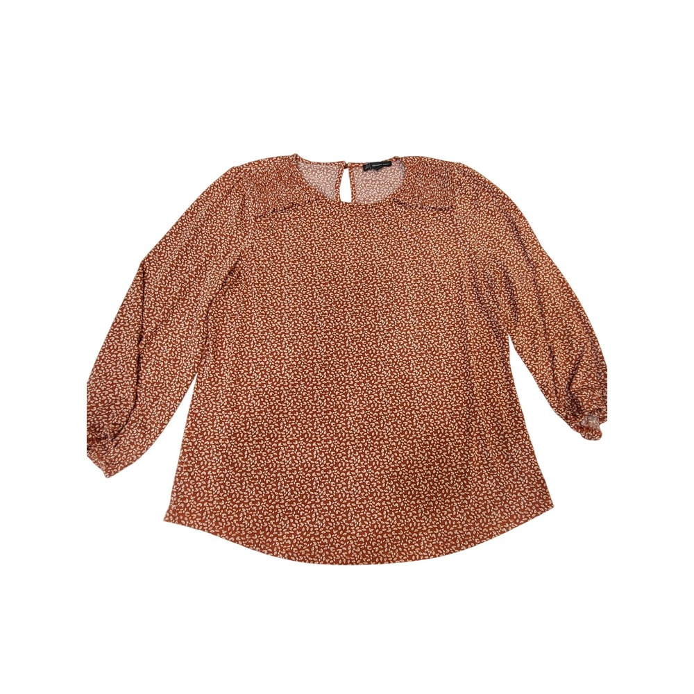 Adrianna Papell Womens Terracotta Leaf Print Blouse Pleated Shoulder Size M